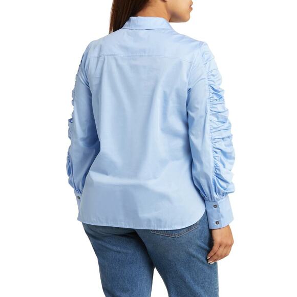 Harshman “Juliana” Ruched Sleeve Cotton Button-Front Shirt in Blue – NWT – XS - Picture 3 of 10
